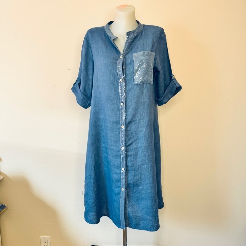 Blue Button-Front Linen Midi Shirt Dress with Sequin Pocket